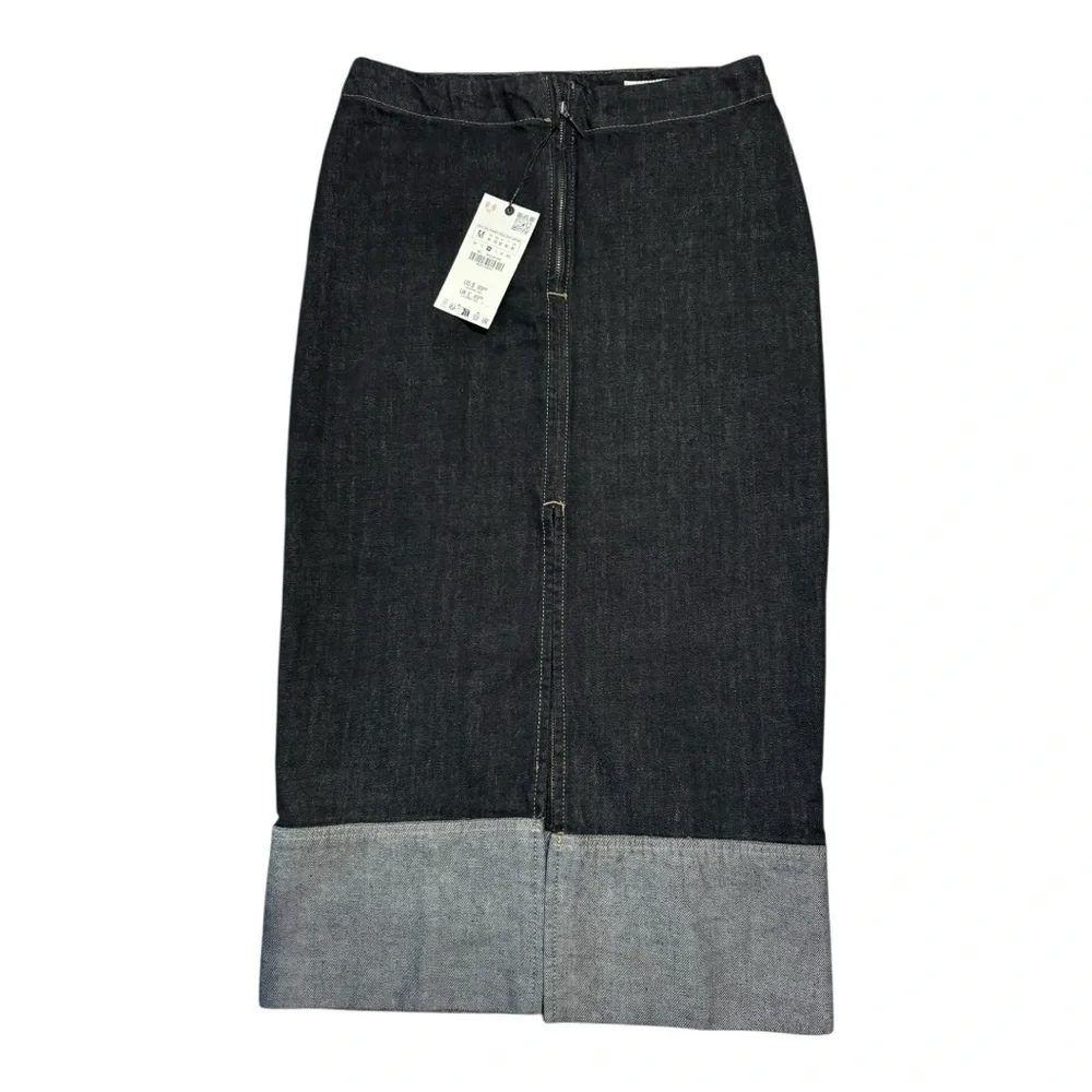 ZARA Dark Wash Denim Midi Skirt – Size M – New With Tags - Picture 1 of 5